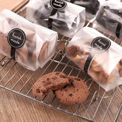 100 Pack Translucent Plastic Bags for Cookie,Cake,Chocolate,Candy,Snack Wrapping Good for Bakery Party with Stickers.