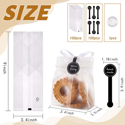 100 Pack Translucent Plastic Bags for Cookie,Cake,Chocolate,Candy,Snack Wrapping Good for Bakery Party with Stickers.