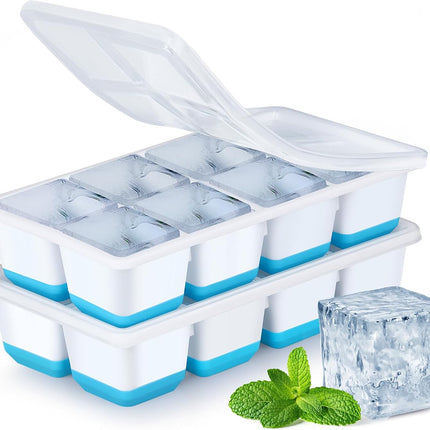 Large Ice Cube Trays with Lid,  2 Pack Stackable Silicone Ice Cube Molds for Freezer, Easy Release 16 Big Square Ice Trays for Whisky Cocktails.