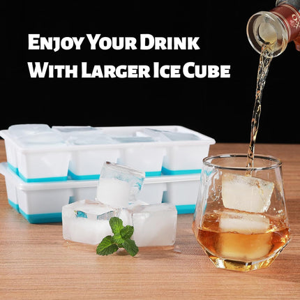 Large Ice Cube Trays with Lid,  2 Pack Stackable Silicone Ice Cube Molds for Freezer, Easy Release 16 Big Square Ice Trays for Whisky Cocktails.