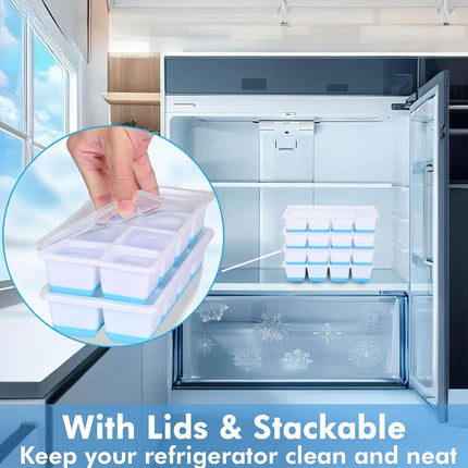 Large Ice Cube Trays with Lid,  2 Pack Stackable Silicone Ice Cube Molds for Freezer, Easy Release 16 Big Square Ice Trays for Whisky Cocktails.