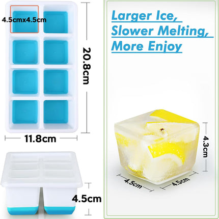 Large Ice Cube Trays with Lid,  2 Pack Stackable Silicone Ice Cube Molds for Freezer, Easy Release 16 Big Square Ice Trays for Whisky Cocktails.
