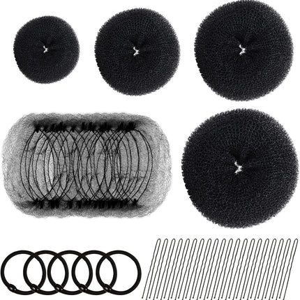 Hair Donut Bun Maker Set - 4 Bun Shapers, 20 Invisible Nets, 5 Elastics, 20 Bobby Pins (Black).