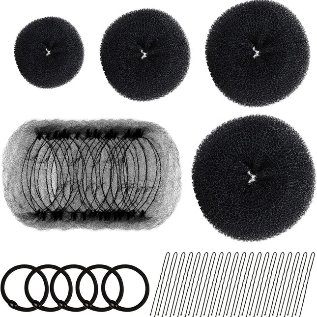 Hair Donut Bun Maker Set - 4 Bun Shapers, 20 Invisible Nets, 5 Elastics, 20 Bobby Pins (Black).