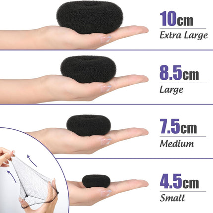 Hair Donut Bun Maker Set - 4 Bun Shapers, 20 Invisible Nets, 5 Elastics, 20 Bobby Pins (Black).