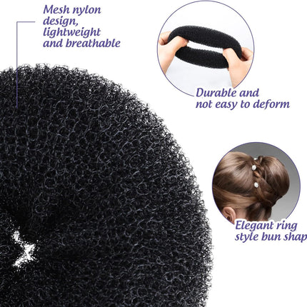 Hair Donut Bun Maker Set - 4 Bun Shapers, 20 Invisible Nets, 5 Elastics, 20 Bobby Pins (Black).