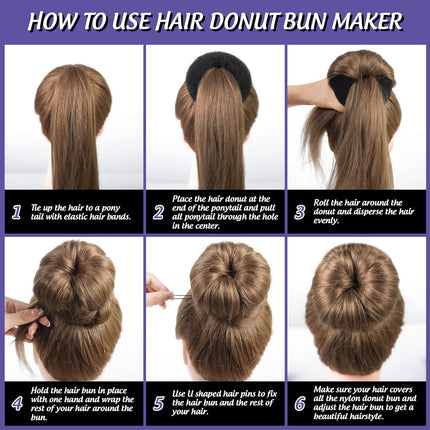 Hair Donut Bun Maker Set - 4 Bun Shapers, 20 Invisible Nets, 5 Elastics, 20 Bobby Pins (Black).