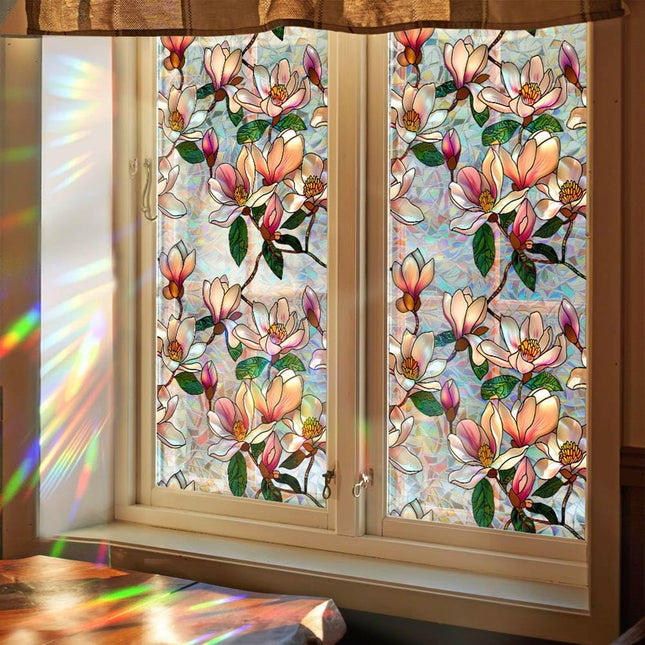 Retro Magnolia Flowers Window Privacy Film,Stained Glass Decals Colorful Floral Privacy Rainbow Decals Living Room Sun Blocking Decor Removable Static Cling Stickers,16.93x39.37inch.
