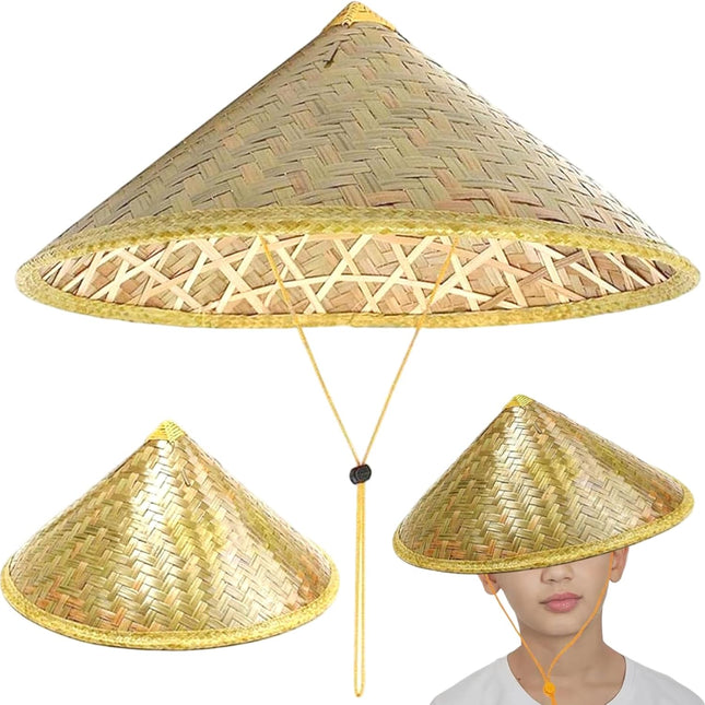 Retro Chinese Bamboo Rattan Fisherman Hat, Handmade Weave Bucket Hat, Rice with Adjustable Rope, 14 Inch Fishing Sunshade Cap for Farmer Fishing, Light Yellow.