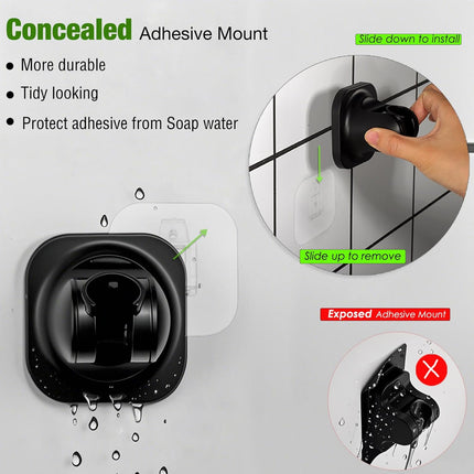 Hand held Shower Head Holder-4 Degree Adjustable-Adhesive Base Install in a Breeze with Screw Alternative to Fit All Surfaces. RV Camper Shower Wand Holder. (Matte Black).