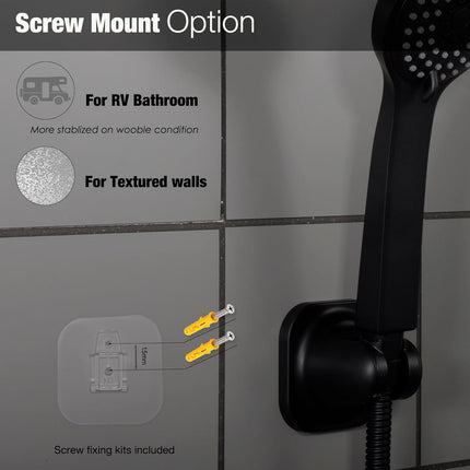 Hand held Shower Head Holder-4 Degree Adjustable-Adhesive Base Install in a Breeze with Screw Alternative to Fit All Surfaces. RV Camper Shower Wand Holder. (Matte Black).