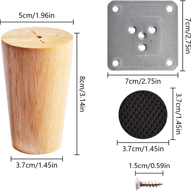 4 PCS 8CM Wooden Furniture Legs with Mounting Plate Screws and Anti-Slip Mats, Tapered Replacement Wood Sofa Legs, Straight Solid Wood Furniture Feet for Couch Table Chair Bed Armchair Cabinet Legs.