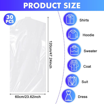 30 Pack Clear Garment Bags, 47.2 Inch Plastic Garment Bags Dustproof, Long Clothes Covers, Waterproof Suit Cover Bag, Moth Proof Coat Bag for Shirts Gowns Dresses.