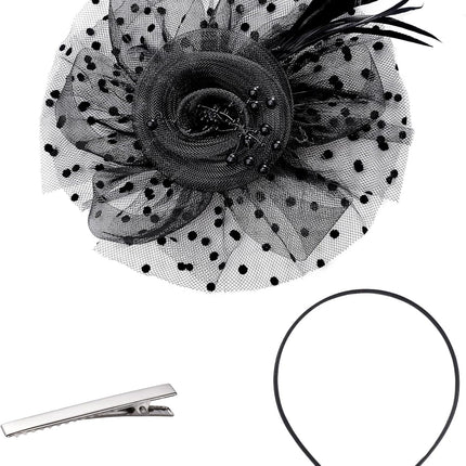 Fascinators Hat Cocktail Hat Feathers Veil Headband with Hair Clip for Tea Party Girls and Women.