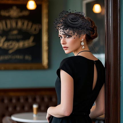 Fascinators Hat Cocktail Hat Feathers Veil Headband with Hair Clip for Tea Party Girls and Women.