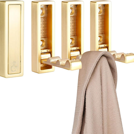 Folding Hooks 4 Pack Foldable Coat Hook Heavy Duty Wall Hooks for Hanging Coats, Towel, Hat, Backpacks (Gold).