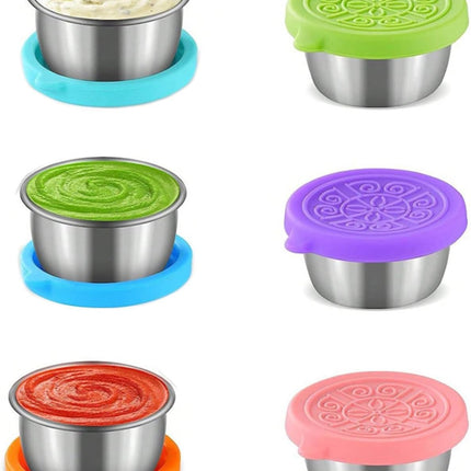 6-Pack Salad Dressing Food Storage Containers with Leakproof Silicone Lids, 50ml Stainless Steel Condiment & Dipping Sauce Cups Ideal for Lunch Bento Boxes.
