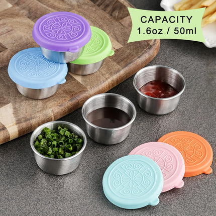6-Pack Salad Dressing Food Storage Containers with Leakproof Silicone Lids, 50ml Stainless Steel Condiment & Dipping Sauce Cups Ideal for Lunch Bento Boxes.