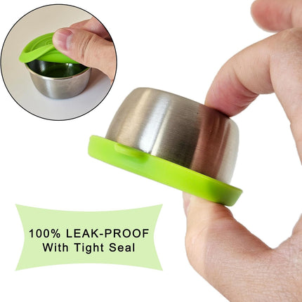 6-Pack Salad Dressing Food Storage Containers with Leakproof Silicone Lids, 50ml Stainless Steel Condiment & Dipping Sauce Cups Ideal for Lunch Bento Boxes.