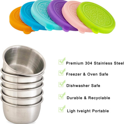 6-Pack Salad Dressing Food Storage Containers with Leakproof Silicone Lids, 50ml Stainless Steel Condiment & Dipping Sauce Cups Ideal for Lunch Bento Boxes.
