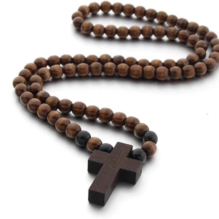 Rosary Pendant Necklace - Cross Chain for Men - Wood Beaded Cross Necklace Men Wooden Bead Necklace Cross Pendant Necklace Mens Hip Hop Jewelry Accessories - Cross Chain for Women.