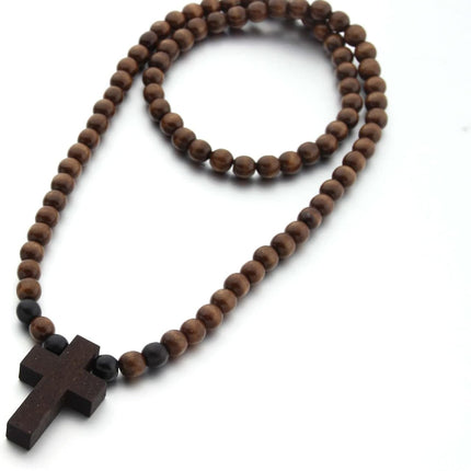 Rosary Pendant Necklace - Cross Chain for Men - Wood Beaded Cross Necklace Men Wooden Bead Necklace Cross Pendant Necklace Mens Hip Hop Jewelry Accessories - Cross Chain for Women.