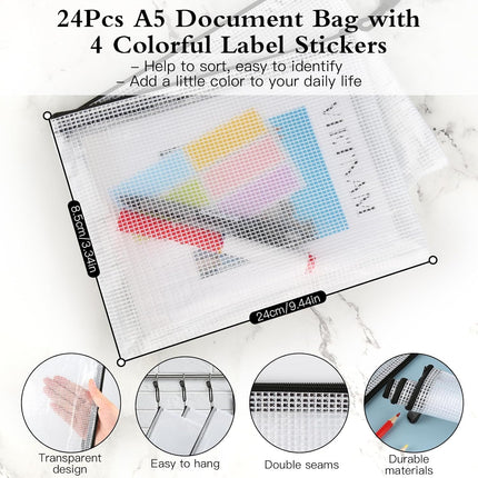 Mesh Zipper Pouch Bags, 24Pcs A5 Zipper Wallet Bags, Waterproof Pochette Plastique, Clear Mesh Plastic Zipper Pouch for Office Supplies, Documents, Paper, Travel, Cosmetics.