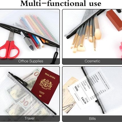 Mesh Zipper Pouch Bags, 24Pcs A5 Zipper Wallet Bags, Waterproof Pochette Plastique, Clear Mesh Plastic Zipper Pouch for Office Supplies, Documents, Paper, Travel, Cosmetics.