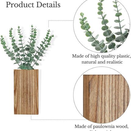 2 Pack Wood Wall Planter Vase with Artificial Eucalyptus Farmhouse Wall Hanging Decor Pocket Planter for Indoor Fake Plants Greenery Flowers, livingroom Bedroom Kitchen Home Office Decoration.