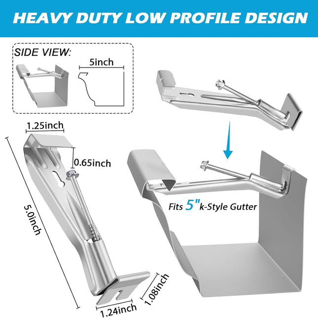 25 Pack Gutter Hangers, 5 Inch Gutter Guard with Speed Screw and Clip, Hidden Rain Gutter Bracket Support, Includes a Drill Bit.