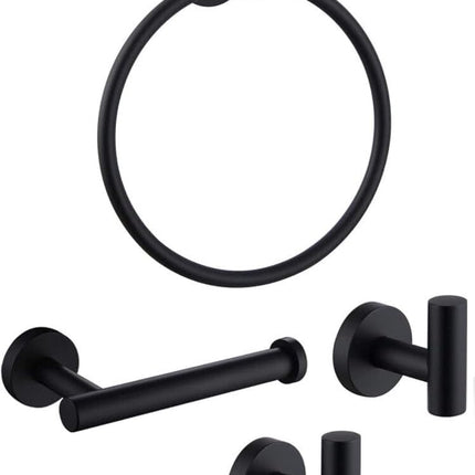 4PCS Bathroom Hardware Set 304 Stainless Steel Bathroom Accessories Set Including 2 Wall Mounted Stainless Steel Robe Hooks Toilet Paper Holder and Towel Ring (Black).