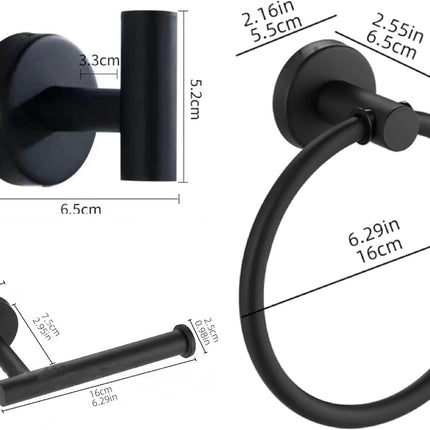 4PCS Bathroom Hardware Set 304 Stainless Steel Bathroom Accessories Set Including 2 Wall Mounted Stainless Steel Robe Hooks Toilet Paper Holder and Towel Ring (Black).