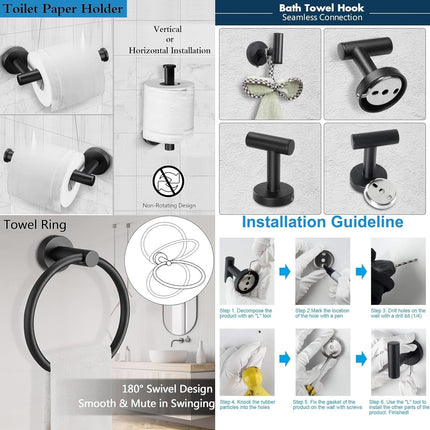 4PCS Bathroom Hardware Set 304 Stainless Steel Bathroom Accessories Set Including 2 Wall Mounted Stainless Steel Robe Hooks Toilet Paper Holder and Towel Ring (Black).