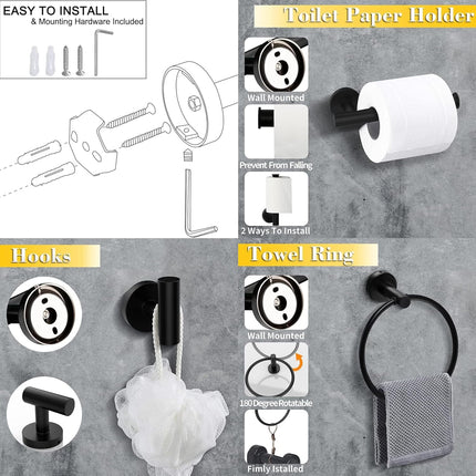 4PCS Bathroom Hardware Set 304 Stainless Steel Bathroom Accessories Set Including 2 Wall Mounted Stainless Steel Robe Hooks Toilet Paper Holder and Towel Ring (Black).