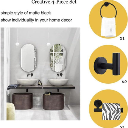4PCS Bathroom Hardware Set 304 Stainless Steel Bathroom Accessories Set Including 2 Wall Mounted Stainless Steel Robe Hooks Toilet Paper Holder and Towel Ring (Black).