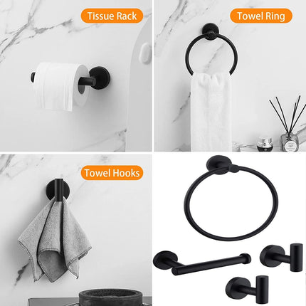 4PCS Bathroom Hardware Set 304 Stainless Steel Bathroom Accessories Set Including 2 Wall Mounted Stainless Steel Robe Hooks Toilet Paper Holder and Towel Ring (Black).