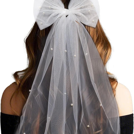 Bride Accessories Hair Bow Pearl Wedding Veil with Barrette Bachelorette Party.