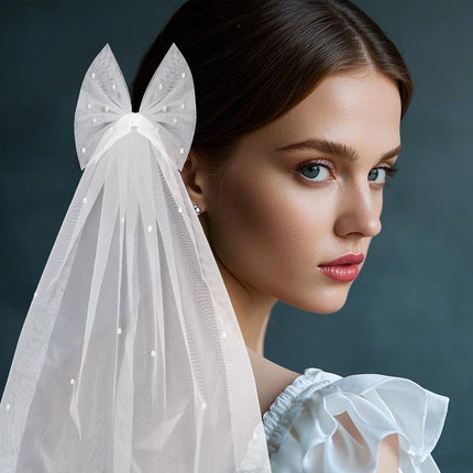 Bride Accessories Hair Bow Pearl Wedding Veil with Barrette Bachelorette Party.