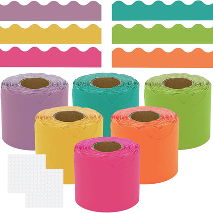 Bulletin Board Borders Set - 6 Rolls 196.8 Ft Bright Bulletin Board Decorations for Office, School Classroom Decor, Teachers & Home DIY - Posters & Birthday Parties - Board Trim.