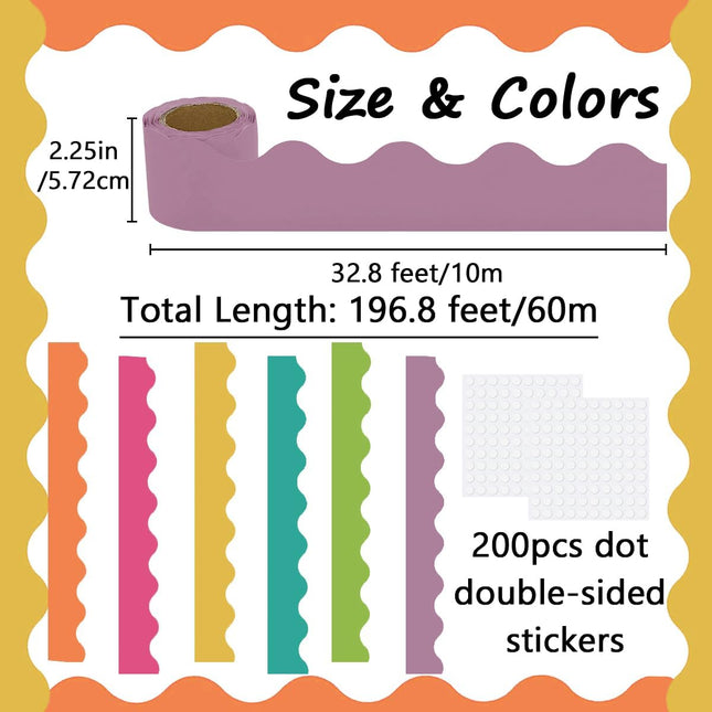 Bulletin Board Borders Set - 6 Rolls 196.8 Ft Bright Bulletin Board Decorations for Office, School Classroom Decor, Teachers & Home DIY - Posters & Birthday Parties - Board Trim.