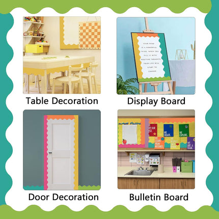 Bulletin Board Borders Set - 6 Rolls 196.8 Ft Bright Bulletin Board Decorations for Office, School Classroom Decor, Teachers & Home DIY - Posters & Birthday Parties - Board Trim.