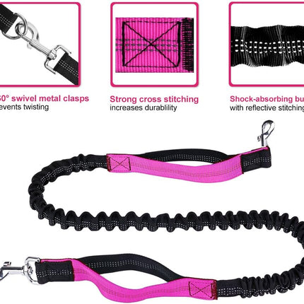Hands Free Dog Leash for Running Walking Training Hiking, Dual-Handle Reflective Bungee, Poop Bag Dispenser Pouch, Adjustable Waist Belt, Shock Absorbing, Ideal for Medium to Large Dogs (Black W Pink).