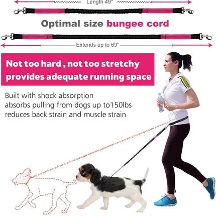 Hands Free Dog Leash for Running Walking Training Hiking, Dual-Handle Reflective Bungee, Poop Bag Dispenser Pouch, Adjustable Waist Belt, Shock Absorbing, Ideal for Medium to Large Dogs (Black W Pink).