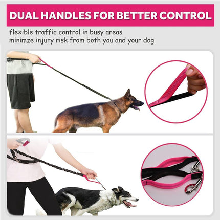 Hands Free Dog Leash for Running Walking Training Hiking, Dual-Handle Reflective Bungee, Poop Bag Dispenser Pouch, Adjustable Waist Belt, Shock Absorbing, Ideal for Medium to Large Dogs (Black W Pink).