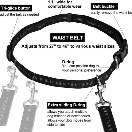 Hands Free Dog Leash for Running Walking Training Hiking, Dual-Handle Reflective Bungee, Poop Bag Dispenser Pouch, Adjustable Waist Belt, Shock Absorbing, Ideal for Medium to Large Dogs (Black W Pink).