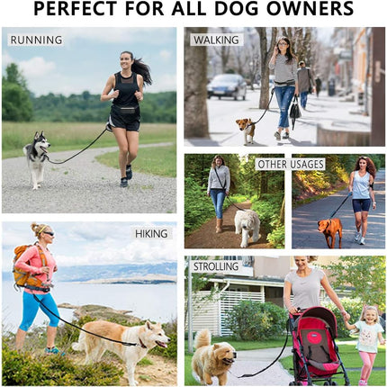 Hands Free Dog Leash for Running Walking Training Hiking, Dual-Handle Reflective Bungee, Poop Bag Dispenser Pouch, Adjustable Waist Belt, Shock Absorbing, Ideal for Medium to Large Dogs (Black W Pink).