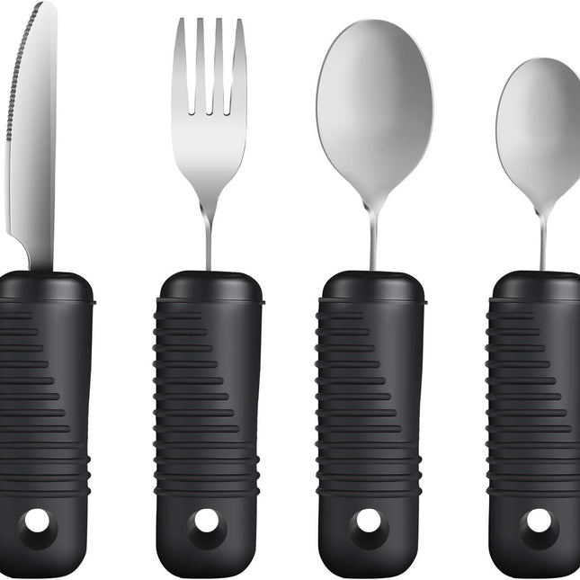 YPC Adaptive Utensils,Easy Grip Silverware,Built Up Bendable Fork,Teaspoon,Tablespoon and Knife for Tremors,Adults,Elderly,Arthritis and Parkinsons,4 Piece Set.