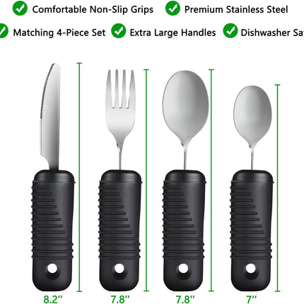 YPC Adaptive Utensils,Easy Grip Silverware,Built Up Bendable Fork,Teaspoon,Tablespoon and Knife for Tremors,Adults,Elderly,Arthritis and Parkinsons,4 Piece Set.
