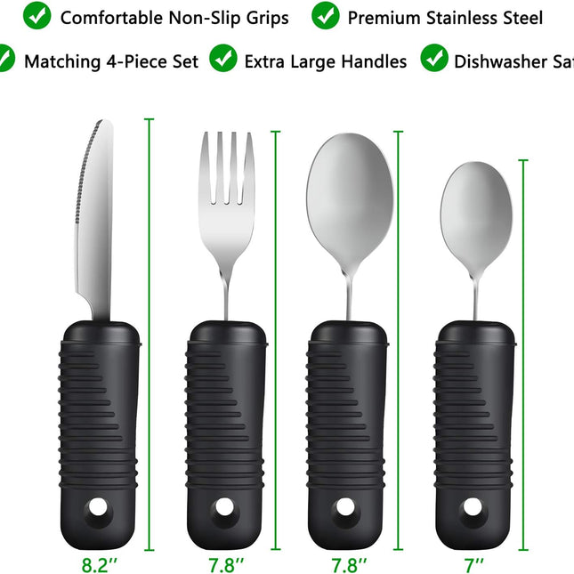 YPC Adaptive Utensils,Easy Grip Silverware,Built Up Bendable Fork,Teaspoon,Tablespoon and Knife for Tremors,Adults,Elderly,Arthritis and Parkinsons,4 Piece Set.