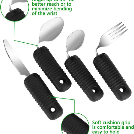 YPC Adaptive Utensils,Easy Grip Silverware,Built Up Bendable Fork,Teaspoon,Tablespoon and Knife for Tremors,Adults,Elderly,Arthritis and Parkinsons,4 Piece Set.